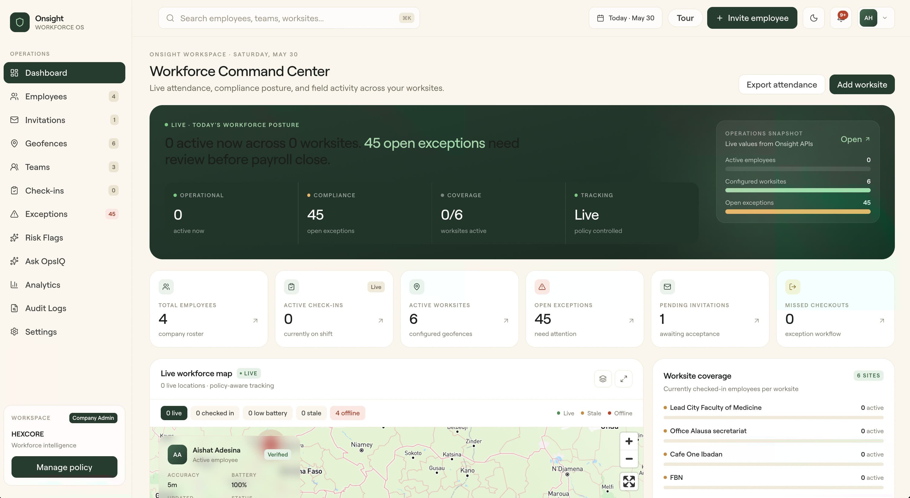 Onsight admin dashboard showing live workforce map and command center