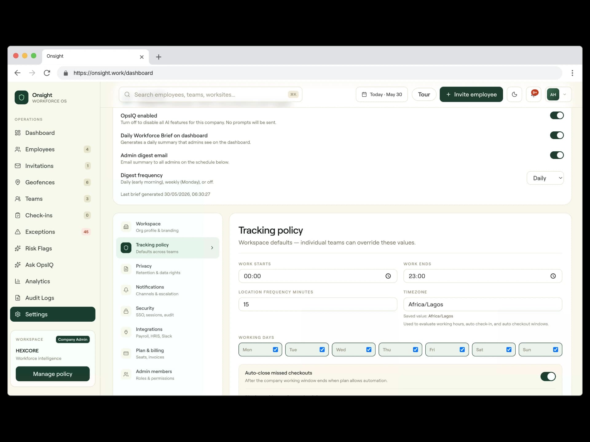 Onsight admin settings screen showing tracking policy controls